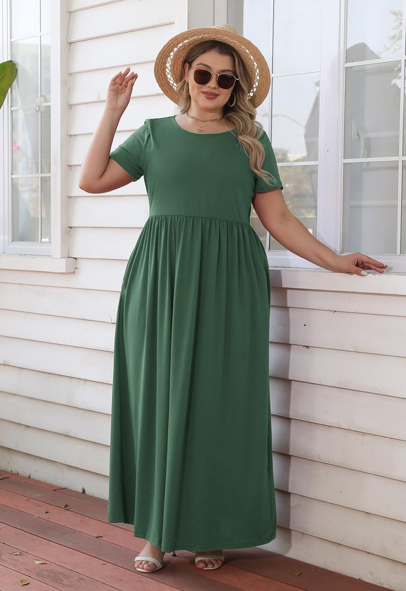 Nemidor Plus Size Maxi Dresses for Curvy Women Summer Casual Loose Short Sleeve Long Beach Dress with Pocket(149,20,Green) - Image 5